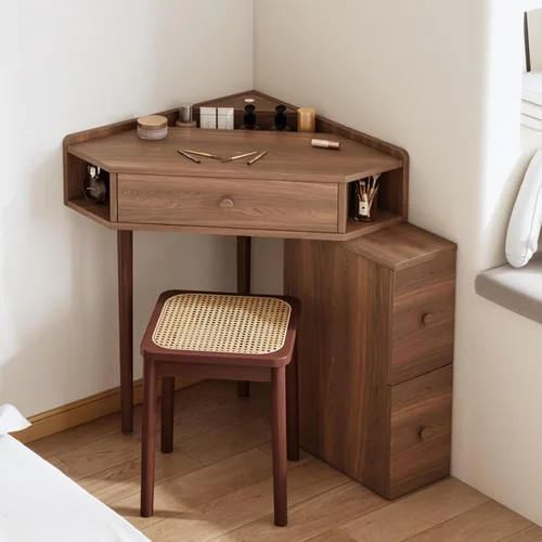 Miniatura 8 de Escritorio esquinero para dormitorio, juego de tocador blanco, con espejo de brillo ajustable, con 1 cajón y armario lateral, con estantes