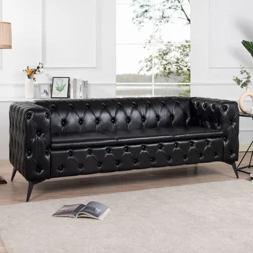 Sofá Chesterfield de 84 pulgadas, piel sintética, cojín extraíble tradicional con brazo cuadrado de 3 plazas, ribete de botón copetudo con patas de