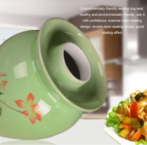 Miniatura 2 de ZHOUXIAO Tarro de fermentación tradicional de cerámica para pepinillos, tarro de fermentación chino con patrón de loto, tanque de fermentación