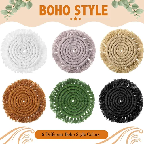 Miniatura 4 de Juego de 6 posavasos de algodón tejido bohemio absorbente con soporte para casa de campo, borla de macramé, regalo de inauguración de la casa