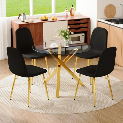 Miniatura 45 de Juego de mesa de comedor redonda para 6, juego de mesa de comedor de vidrio de 39 pulgadas con base de metal ajustable dorada en forma de X y 6