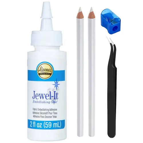 Jewel-It - Pegamento de adorno para tela de 2 onzas y adhesivo con accesorios Pixiss, pinzas de punta de aguja y 2 lápices selectores de joyas