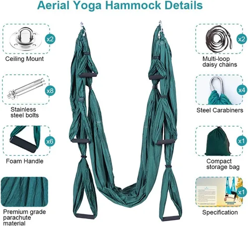 Miniatura 2 de Kit de hamaca de yoga para trapecio aéreo, ultra fuerte, antigravedad para yoga, volador, juego de herramientas de columpio de inversión Verde