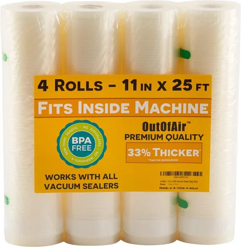 Rollos de 11 pulgadas x 25 pies (se adapta al interior de la máquina), paquete de 4 rollos selladores al vacío OutOfAir (100 pies en total).