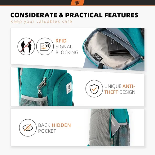 Miniatura 3 de SKYSPER - Mochila de bandolera con bloqueo RFID, mochila de hombro cruzada, para senderismo y viajes, para mujeres y hombres (cian)