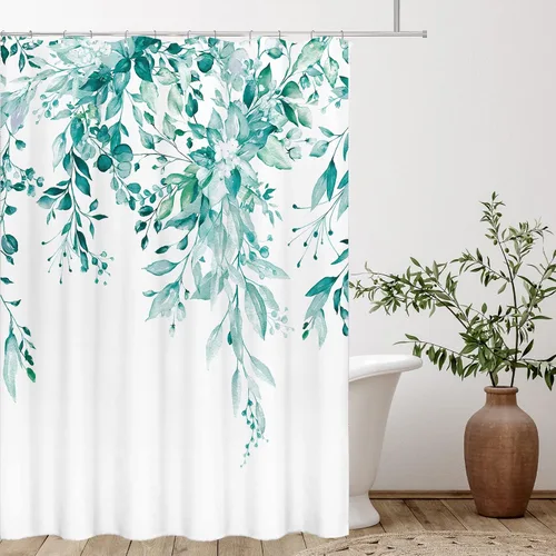 Miniatura 22 de Tititex Spun Sugar - Juego de cortinas de ducha de eucalipto azul claro, hojas de acuarela brillantes en la parte superior, decoración floral