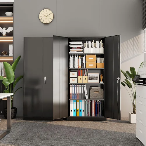 Miniatura 6 de Pataku Armario de almacenamiento de metal con cerradura, gabinete de garaje negro de 71 pulgadas de alto con 2 puertas y 4 estantes ajustables