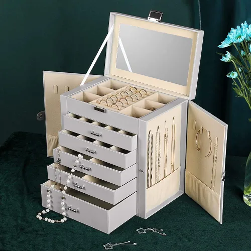 Miniatura 5 de Frebeauty Joyero grande, organizador de joyas de piel sintética de 6 niveles con cerradura, estuche de almacenamiento multifuncional con espejo