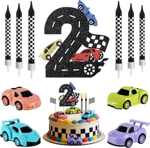 Decoración para tartas de auto de carreras, 15 piezas, decoración de cumpleaños de autos de carreras, velas de cumpleaños falg a cuadros para