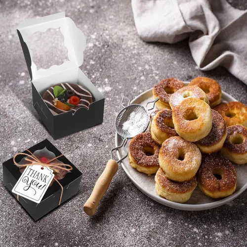 Miniatura 2 de KPOSIYA 60 cajas de panadería negras con ventana, cajas individuales de 4 x 4 x 2.5 pulgadas, caja de regalo de papel kraft negro para pasteles