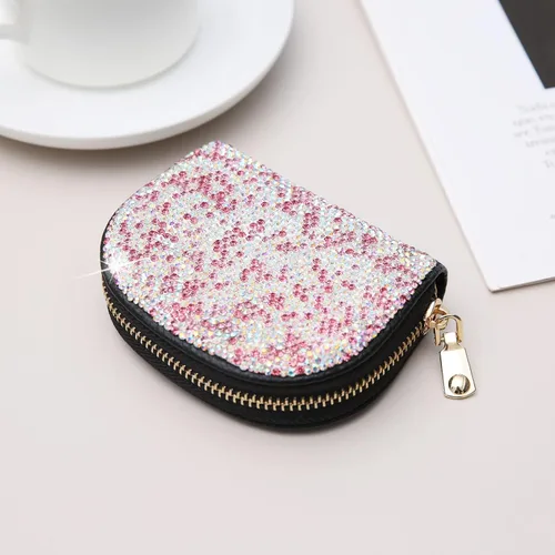Miniatura 11 de AsAlways RFID Rhinestone titular de la tarjeta de crédito semicírculo multicapa cremallera caso Bling Crystal Slim pequeña cartera para mujeres