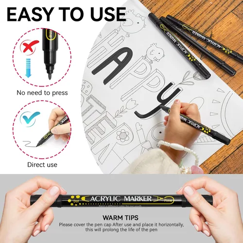 Miniatura 3 de Marcador de pintura, bolígrafos de pintura acrílica de doble punta, paquete de 8 bolígrafos de pintura en blanco y negro, ideales para madera