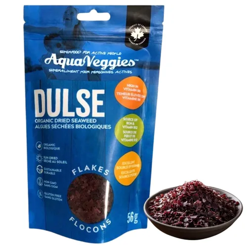 Aqua Veggies Organic Atlantic Dulse Flakes grandes de 2 onzas, cosechadas a mano, secado al sol, Bahía de Fundy, excelente fuente de vitaminas B6,