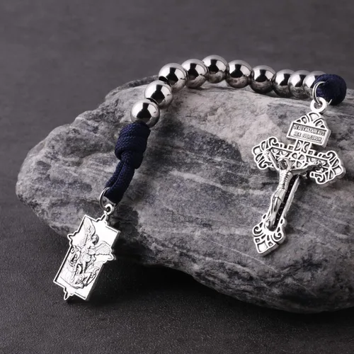 Miniatura 18 de Rosario de bolsillo estilo abierto una década de acero inoxidable rosario católico con crucifijo medalla de San Benito con bolsa de regalo