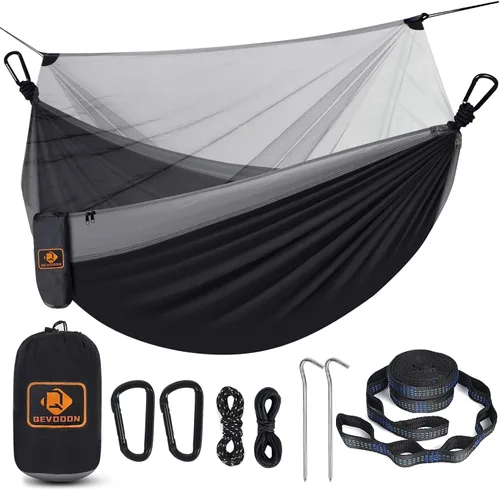 Qevooon Hamaca de camping con red, hamacas ligeras portátiles de viaje con correas para árboles y mosquetones sólidos en forma de D, hamaca de Negro