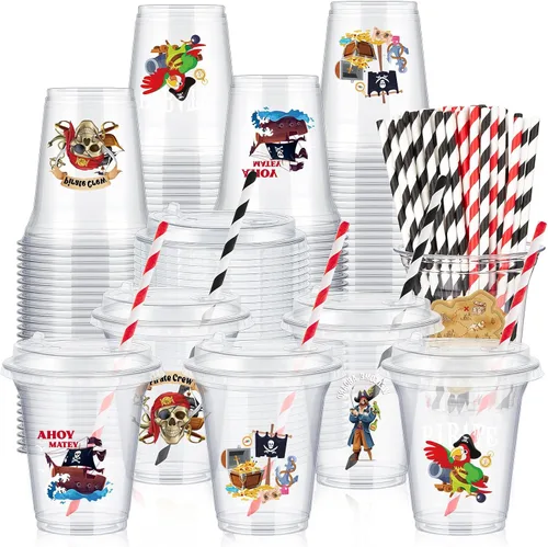 Qinyoung Juego de 60 vasos de plástico pirata a granel de 14 onzas con temática del tesoro pirata, suministros de recuerdo para fiesta, café helado,