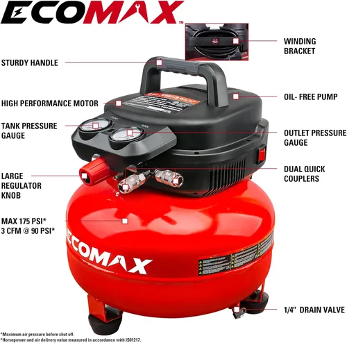 Miniatura 2 de Compresor de aire, Compresor de aire panqueque de 6 galones, MÁX 175PSI, Compresor para herramientas de aire con kit de 10 piezas de accesorios