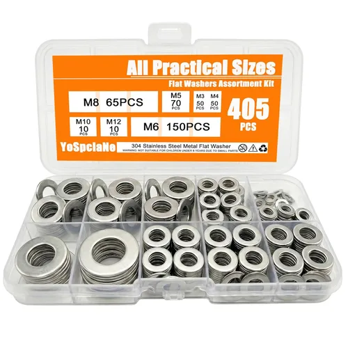 Juego surtido de 405 arandelas planas, juego surtido de acero inoxidable 304 métrico (M3-M12) – Arandela de metal con tamaños M6 y M8 más prácticos,