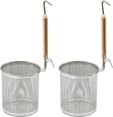 Miniatura 8 de Colador de Pasta de Acero Inoxidable, 2 piezas Colador de Fideos y Dumplings de Alimentos Microperforado con Mango de Madera, Cestas para Colar