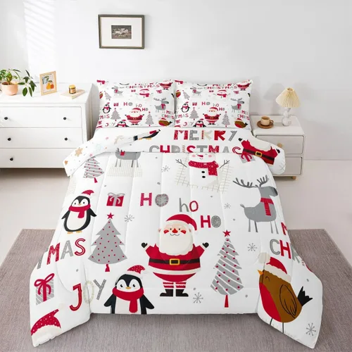Miniatura 9 de Erosebridal Lindo juego de edredón de pingüino de dibujos animados, ropa de cama de Feliz Navidad, tamaño individual, regalos de Papá Noel