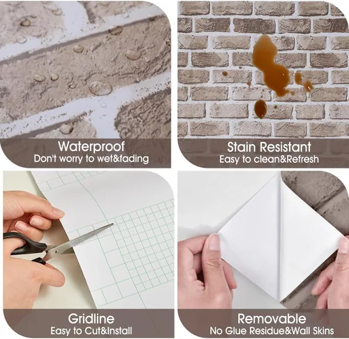 Miniatura 7 de Coavas Papel tapiz de ladrillo despegable y adhesivo, papel de contacto marrón de ladrillo sintético, 17.7 x 118.1 pulgadas, papel de pared adhesivo