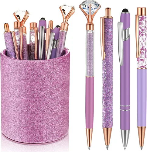 Miniatura 9 de Sabary 8 bolígrafos negros con soporte para bolígrafo para escritorio, con purpurina, diamantes de cristal, bonito soporte para lápices, organizador