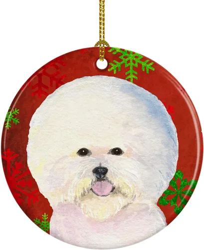 Miniatura 100 de Caroline's Treasures Bulldog English - Copos de nieve rojos y verdes, adorno de cerámica de Navidad, decoración colgante para el hogar, Navidad