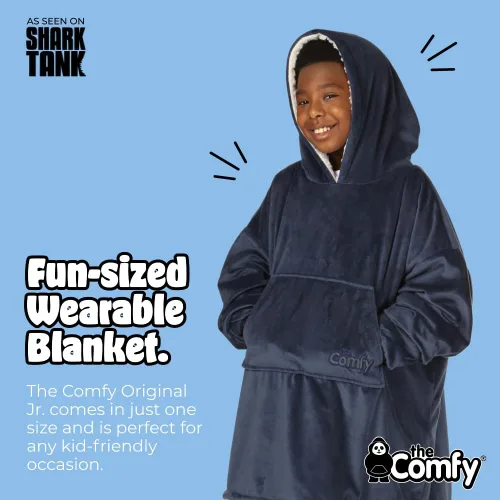 Miniatura 3 de THE COMFY Original Jr para niños Manta de sherpa de forro polar de gran tamaño con capucha y bolsillo Vista en Shark Tank Azul