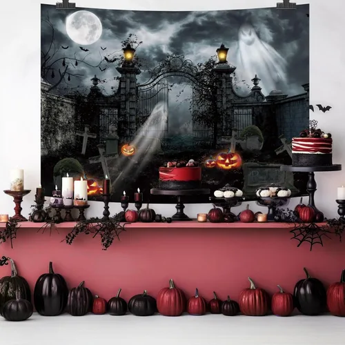 Miniatura 6 de MEHOFOND Fondo de fotografía de cementerio embrujado de Halloween de 7 x 5 pies, linterna gótica de fantasma, terror espeluznante, puerta