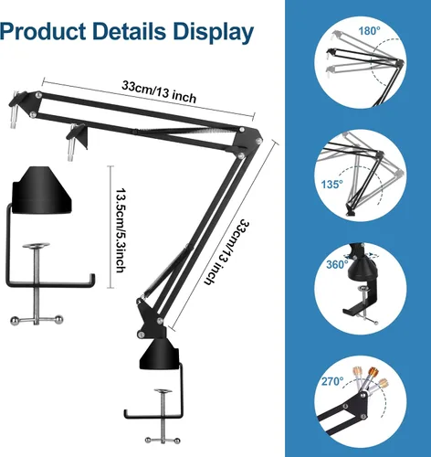 Miniatura 5 de Micrófono ajustable brazo de tijera con clip de micrófono y bridas para cables, resistente para Blue Yeti Nano Snowball Ice, HyperX QuadCast