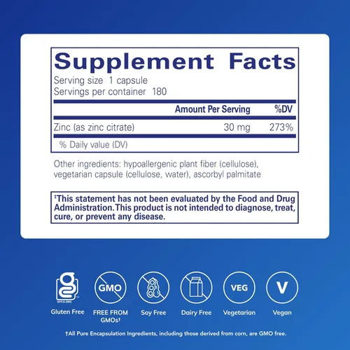 Miniatura 2 de Pure Encapsulations Zinc (citrato) - para el sistema inmunológico, el desarrollo de tejidos y el metabolismo* - Suplemento mineral con enzimas