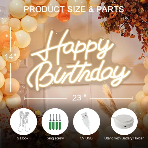 Miniatura 3 de Letrero de neón de feliz cumpleaños a pilas, letrero de feliz cumpleaños de 23 pulgadas con base, letrero con luz USB de feliz cumpleaños, letrero