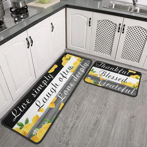 Miniatura 2 de Juego de 2 alfombras de cocina con decoración de limón, alfombrillas lavables y antideslizantes para el fregadero de la cocina, alfombra de área