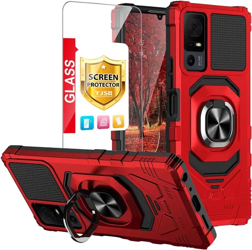 TJS Funda para TCL 40 XL y T608DL, Lively Jitterbug Smart4 - Protector de pantalla de vidrio templado, soporte de metal resistente contra caídas Rojo