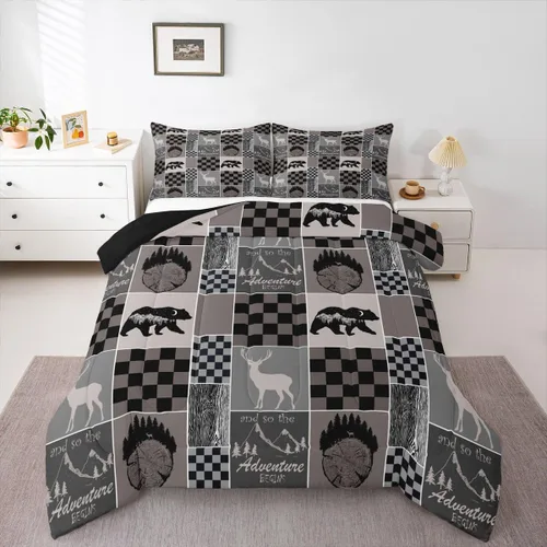 Miniatura 41 de Juego de edredón de oso y ciervo, tamaño individual, ropa de cama de animales salvajes de caza, colcha rústica de cabaña, casa de campo, cuadros
