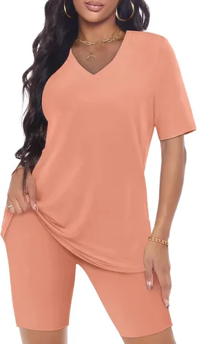 AGSEEM Conjunto de 2 piezas para mujer, camiseta con cuello en V y pantalones cortos de motociclista