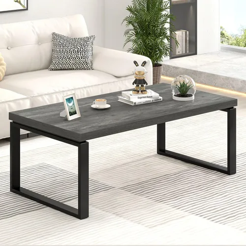 Miniatura 3 de EXCEFUR Mesa auxiliar moderna, mesa central de madera rústica y metal para sala de estar, mesa de té rectangular industrial para oficina en casa