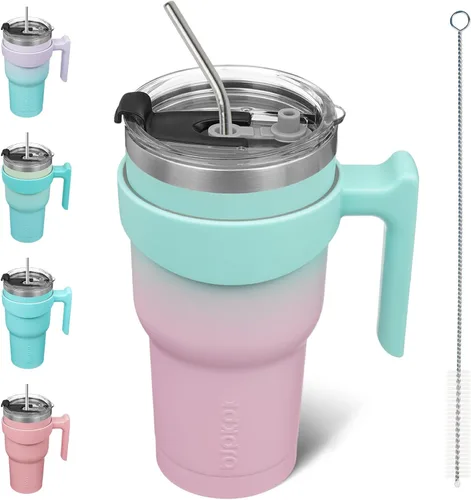 Miniatura 79 de BJPKPK Vaso con asa de acero inoxidable de 20 onzas, con aislamiento de doble pared, con tapa y pajita, color rosa claro A-rosa claro