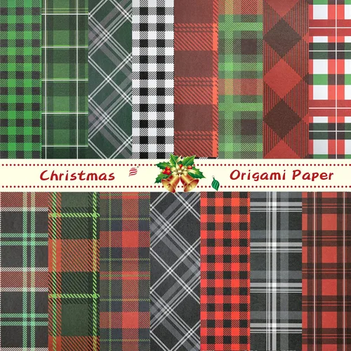 Haooryx 60 hojas de papel de origami a cuadros de Navidad de doble cara de 11 x 11 pulgadas, colección de papel decorativo a cuadros rojos y verdes,