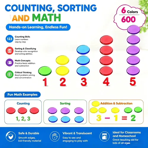 Miniatura 5 de 600 chips Bingbo de 3/4 pulgadas, 6 chips de conteo de colores vibrantes Acrílico translúcido, tarro portátil, juegos educativos, actividades
