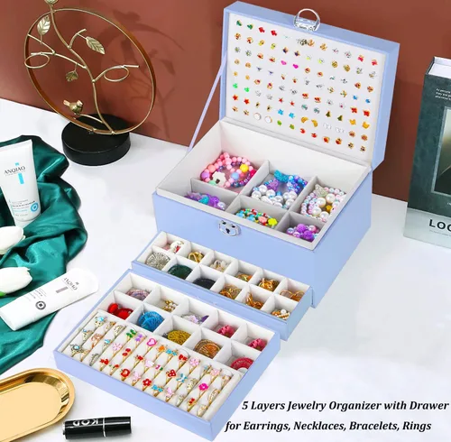 Miniatura 71 de Joyero de pendientes para mujeres y niñas, organizador de aretes de 5 capas, caja organizadora de joyas blanca con candado, collares y aretes