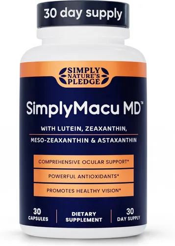 Simply Macu MD - Suplemento avanzado de apoyo a la visión con luteína, zeaxantina, meso-zeaxantina y astaxantina, extracto de arándano, vegano, sin