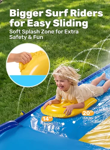 Miniatura 3 de Sloosh Tobogán acuático triple con 3 tablas de cuerpo, almohadilla de agua para césped de 22.5 pies, juguete de verano con aspersor avanzado