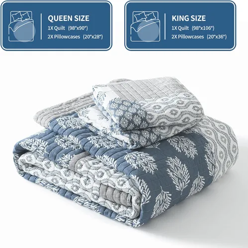 Miniatura 6 de KALOOLA - Juego de ropa de cama con colcha acolchada de retazos tamaño queen, 100% algodón, colcha ligera con 2 fundas de almohada, colcha