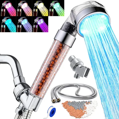 SEANADO Cabezal de ducha LED de mano con manguera, filtro de repuesto y soporte de ducha, 7 colores cambiantes, filtro de pulverización de alta