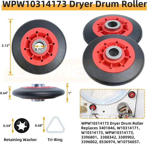 Miniatura 3 de WPW10314173 Kit de soporte de tambor de rodillo para secadores Whirlpool Maytag Includes WPW10314173 Roller Drum Support Kit with WP691366 Idler