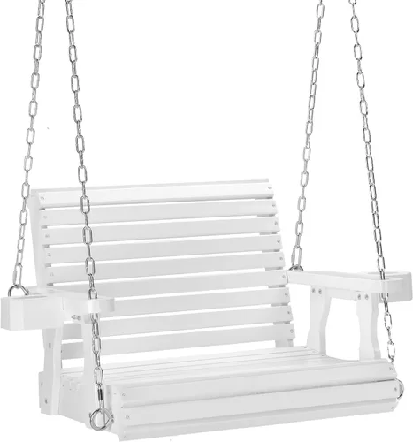 Miniatura 7 de VINGLI Columpio de madera resistente para porche de patio para 1 persona de 440 libras con asiento más profundo y respaldo más alto y portavasos