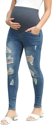 Maacie Jeans de maternidad sobre el vientre, pantalones de mezclilla rasgados ajustados con bolsillos reales