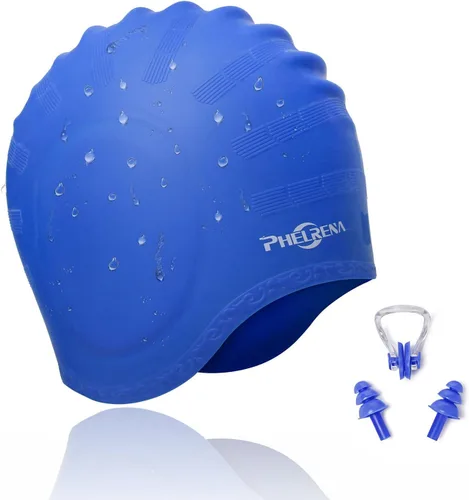 Miniatura 10 de PHELRENA Gorro de natación impermeable de silicona de alta calidad, orejeras de pelo largo, flexible y reversible para adultos, niños, mujeres