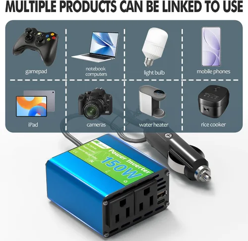 Miniatura 7 de Inversor de corriente de 150 W – Adaptador de vehículo convertidor de enchufe de 12 V a 110 V, adaptador de enchufe de coche de 300 W pico con 2